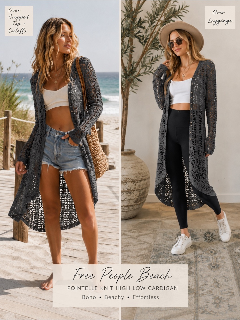 Free People Beach Pointelle Knit High-Low Cardigan Cover-Up Gray XS